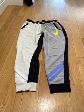Nike Two-Tone Gray, White & Black Sweatpants with Neon Yellow Swoosh